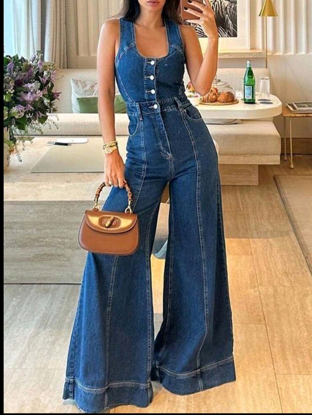 Women's Sleeveless Wide Leg Jumpsuit - With Button Front Closure